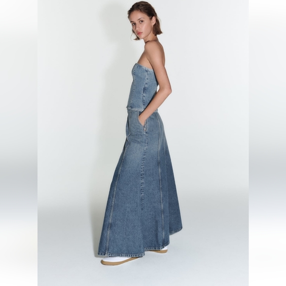 ZARA * HIGH-WAIST ZW LONG DENIM SKIRT FLARED FADED BLUE BLOGGER - Picture 8 of 16